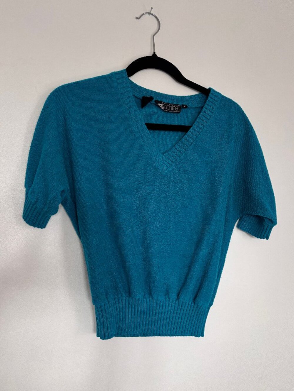 Women's Teal V-Neck Short Sleeve Pullover Sweater Vintage